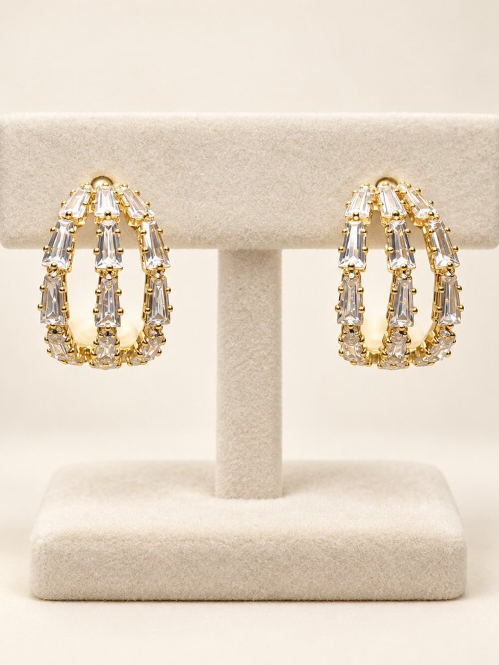 Gold-Tone Triple-Row Baguette Cubic Zirconia Hoop Earrings – 7/8" 1032
